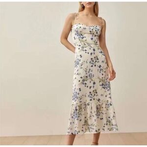 REFORMATION Enya Clarita Print  Viscose Ivory Blue Floral Bridesmaid Wedding Gue